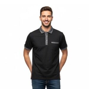 Denim & Flower Ricky‎ Singh Men's Polo Shirt Black Textured Pocket USA M Preppy